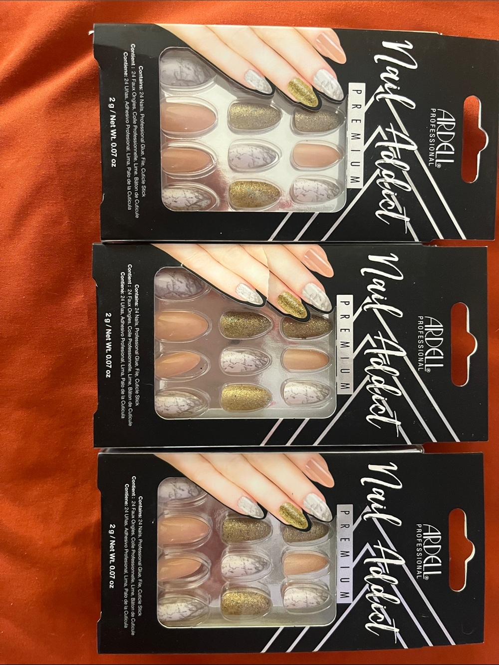 Ardell Nail Addict Press-On Nails — Nude, White Marble & Gold Glitter